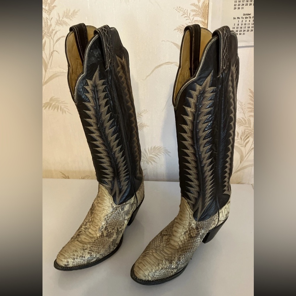 Vintage Tony Lama Black and Tan Snakeskin Boots